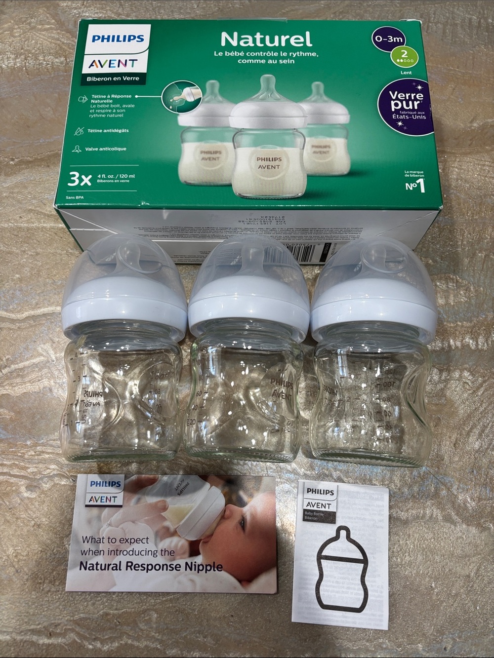 Philips Avent Natural Response Glass Baby Bottle Set, a 3-pack of 4 oz / New